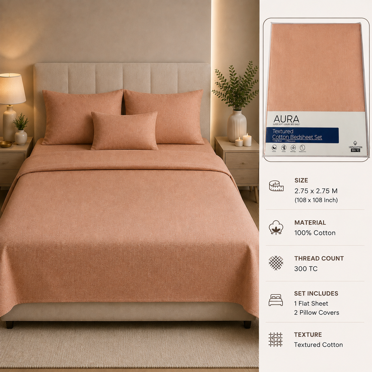 Premium 300 TC Pure Cotton Self-Jacquard Weave Bedsheet Set