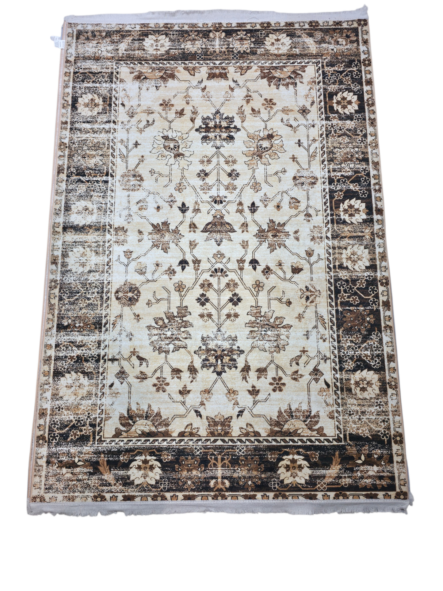 Rustic Cream & Black Vintage Floral Carpet (5x7 Ft) – Soft Fur