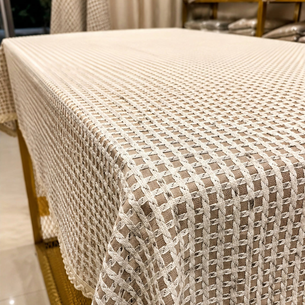 Textured Woven Grid Table Cover β Elegant Dining & Center Table Cloth (Beige & Brown)