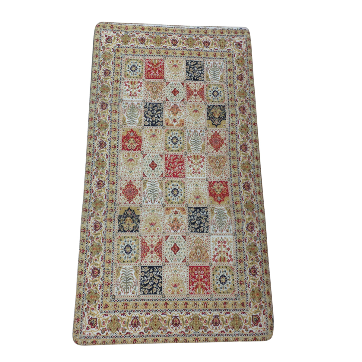 Traditional Beige & Red Grid Pattern Microfiber Carpet Rug (3x5 Feet) – Soft Plush Surface & Anti-Skid Backing