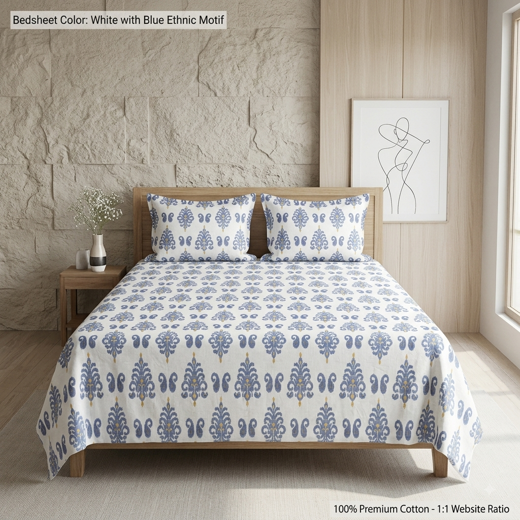 Emporio 250TC Satin Cotton King Size Bedsheet with 2 Pillow Covers – Ethnic Designer Bedding Set