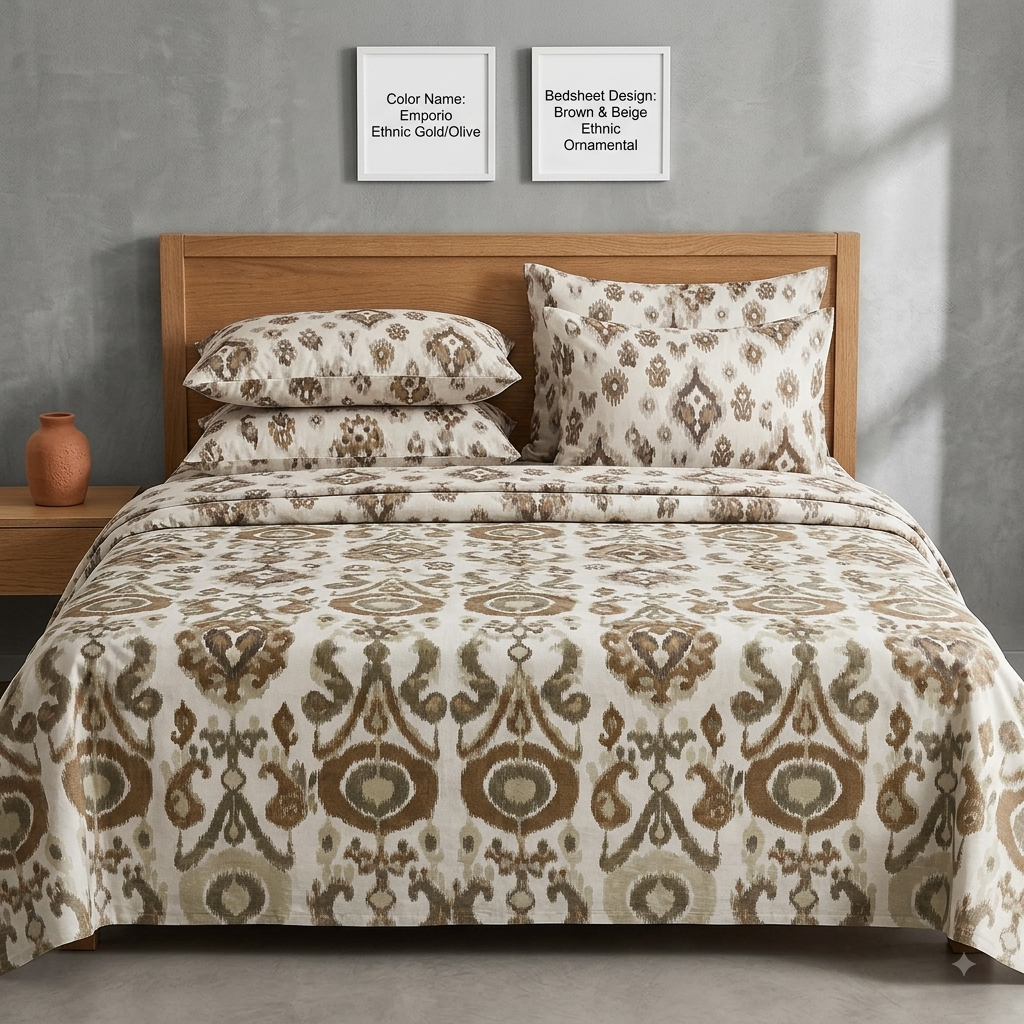 Emporio 250TC Satin Cotton King Size Bedsheet with 2 Pillow Covers – Ethnic Designer Bedding Set