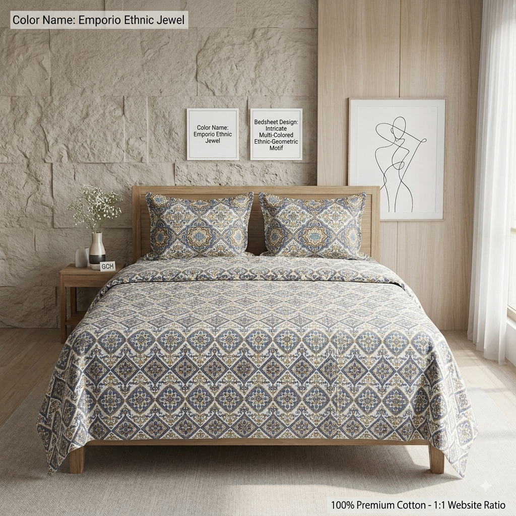 Emporio 250TC Satin Cotton King Size Bedsheet with 2 Pillow Covers – Ethnic Designer Bedding Set