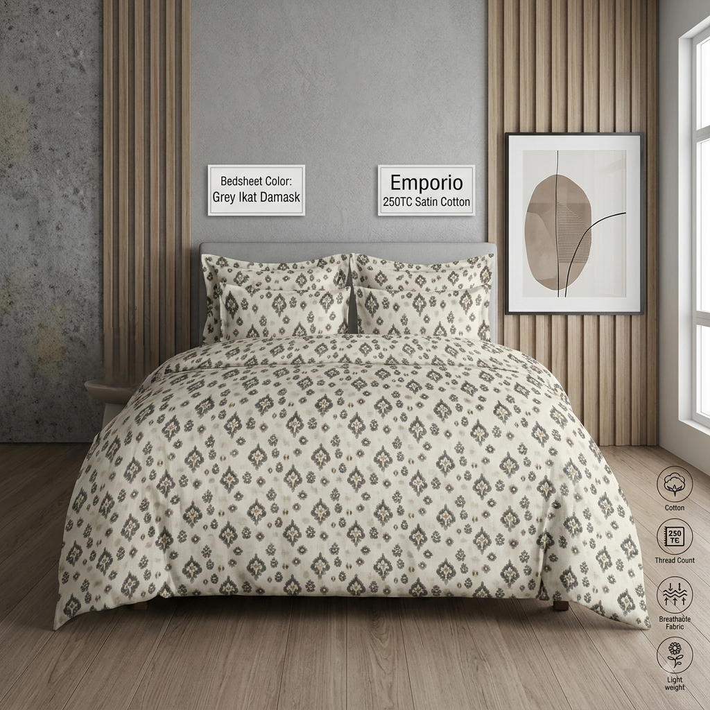 Emporio 250TC Satin Cotton King Size Bedsheet with 2 Pillow Covers – Ethnic Designer Bedding Set