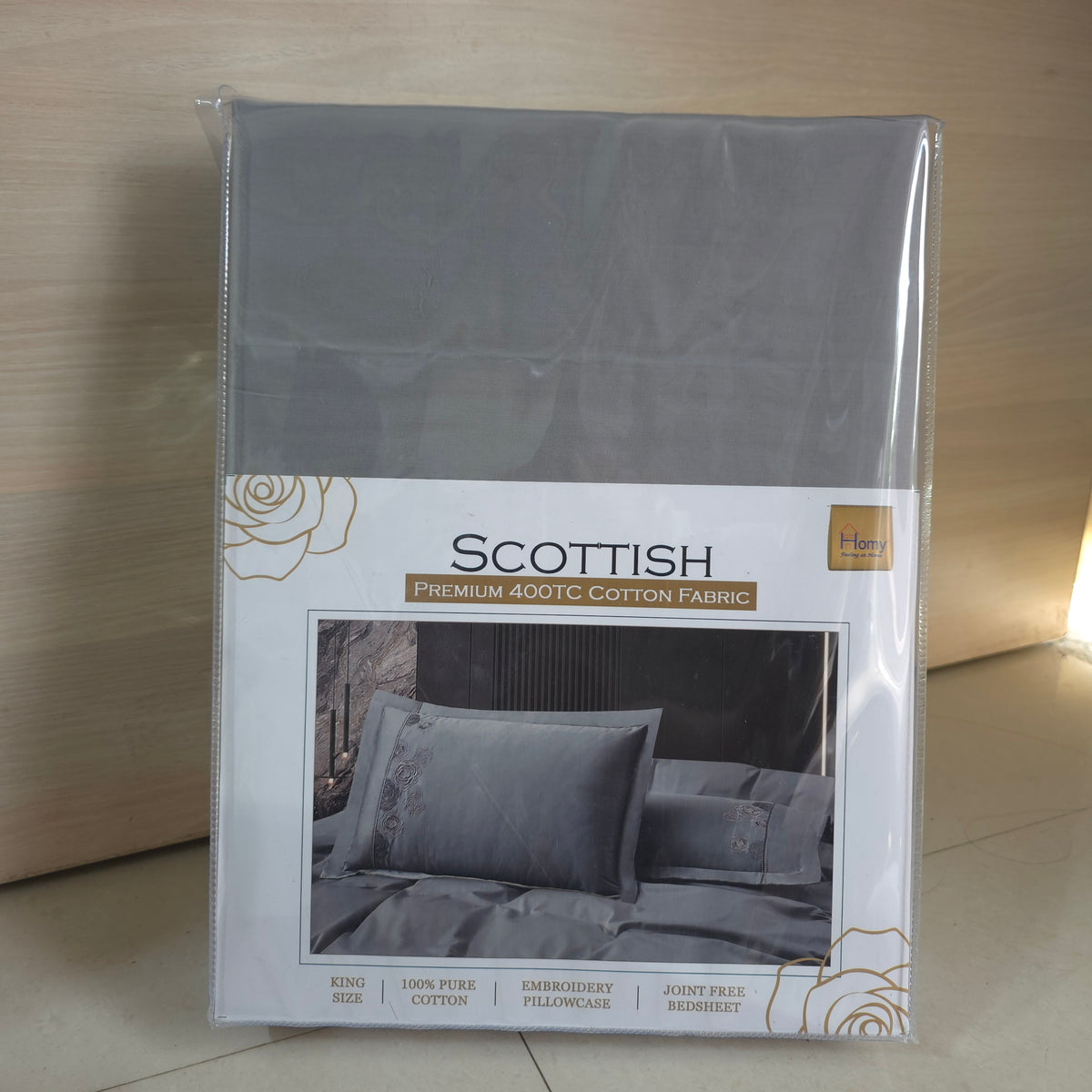 Homy Scottish Premium 400TC 100% Pure Cotton King Size Bedsheet Set – 3 Pcs Set with Floral Embroidery and Joint Free Fabric