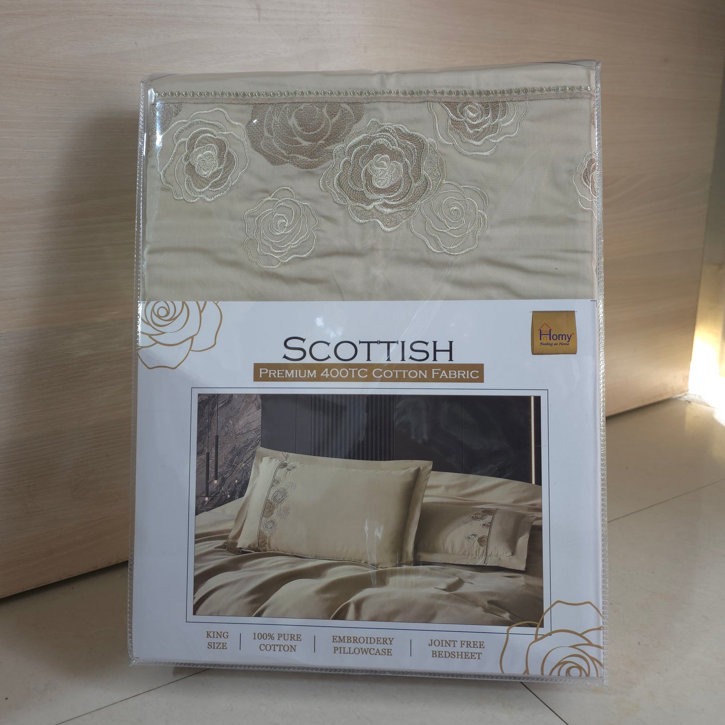 Homy Scottish Premium 400TC 100% Pure Cotton King Size Bedsheet Set – 3 Pcs Set with Floral Embroidery and Joint Free Fabric