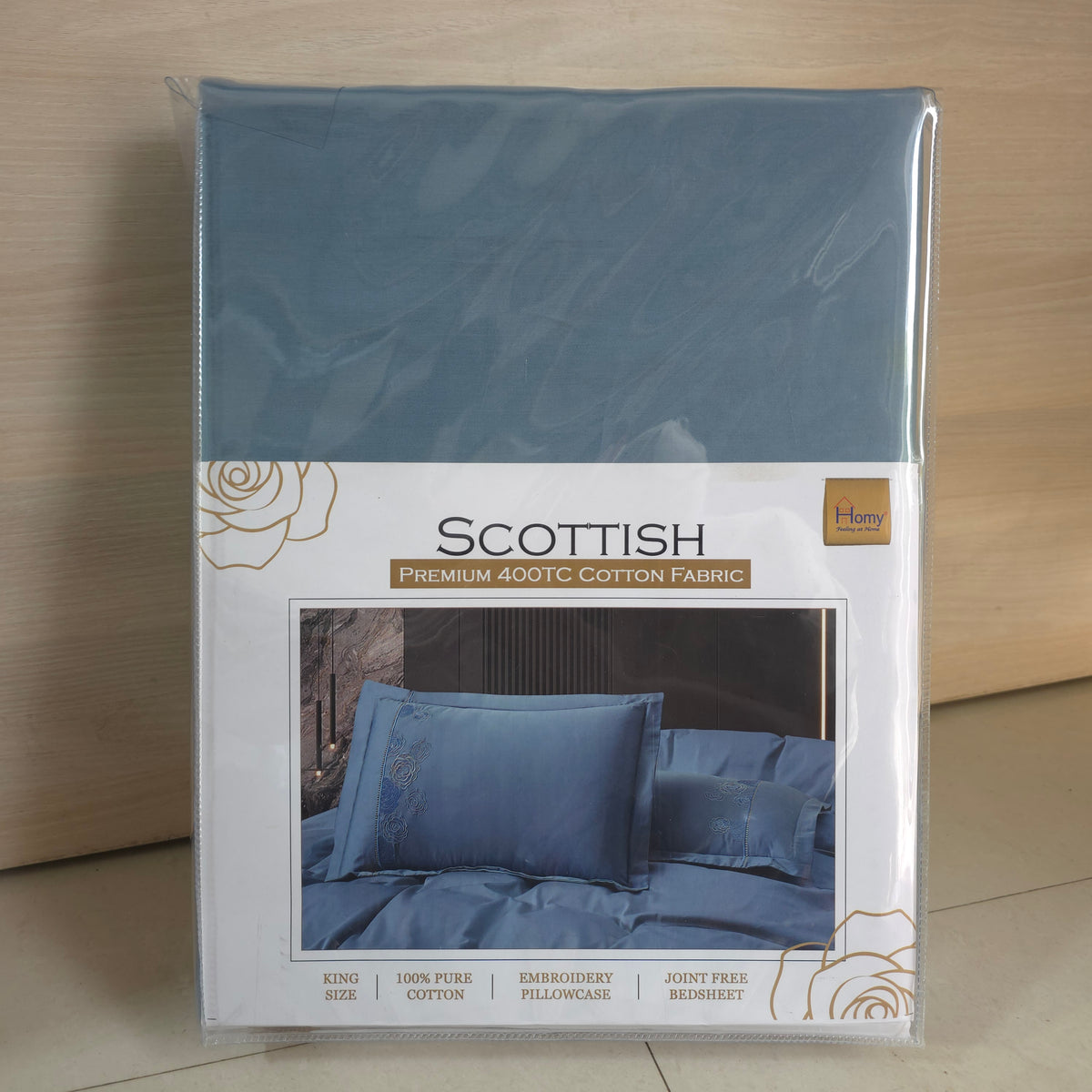 Homy Scottish Premium 400TC 100% Pure Cotton King Size Bedsheet Set – 3 Pcs Set with Floral Embroidery and Joint Free Fabric