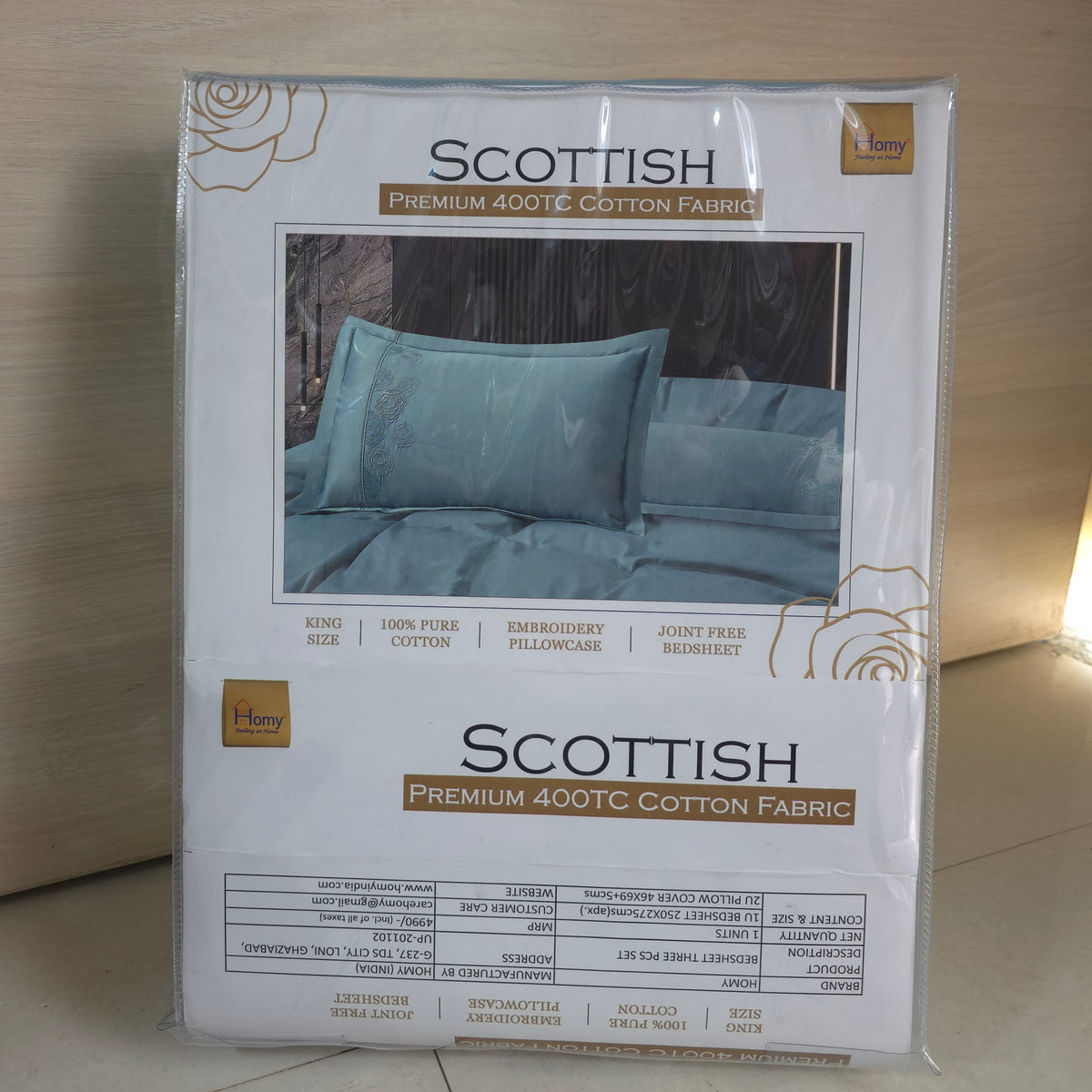 Homy Scottish Premium 400TC 100% Pure Cotton King Size Bedsheet Set – 3 Pcs Set with Floral Embroidery and Joint Free Fabric
