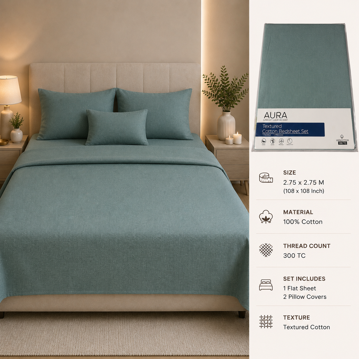 Aura Luxury 300 TC 100% Textured Cotton Plain Bedsheet Set