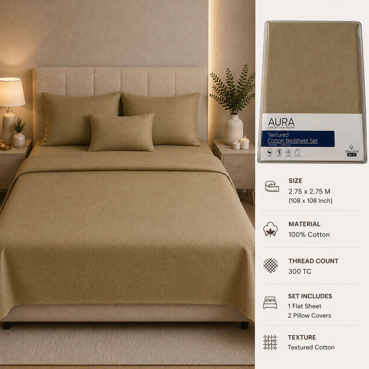 Aura Luxury 300 TC 100% Textured Cotton Plain Bedsheet Set