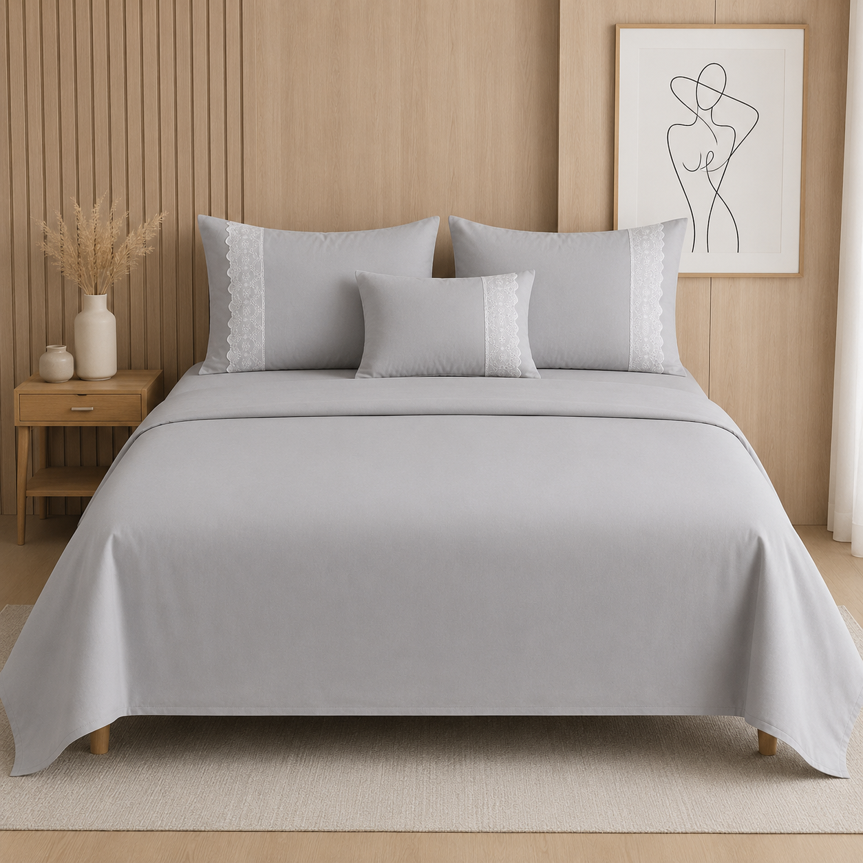 Crimson Gracious Home Lace-n-Style 3 Pcs King Size Bedsheet  – Solid Plain Fabric with Intricate Lace Embroidery