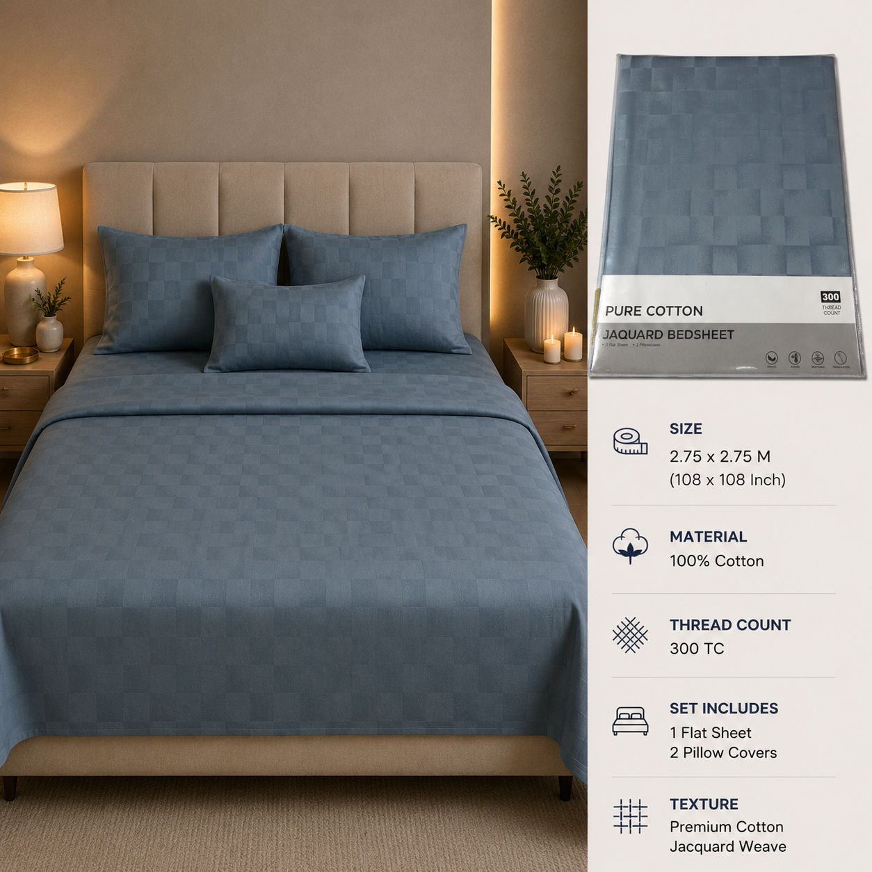 Premium 300 TC Pure Cotton Self-Jacquard Weave Bedsheet Set
