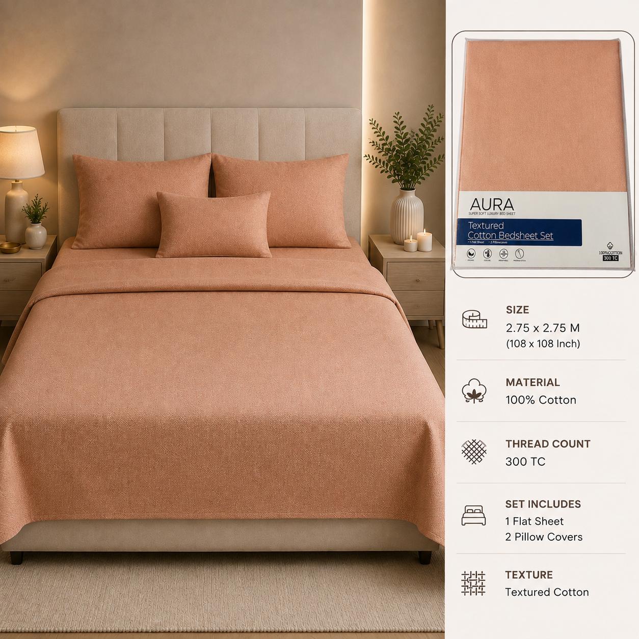 Premium 300 TC Pure Cotton Self-Jacquard Weave Bedsheet Set