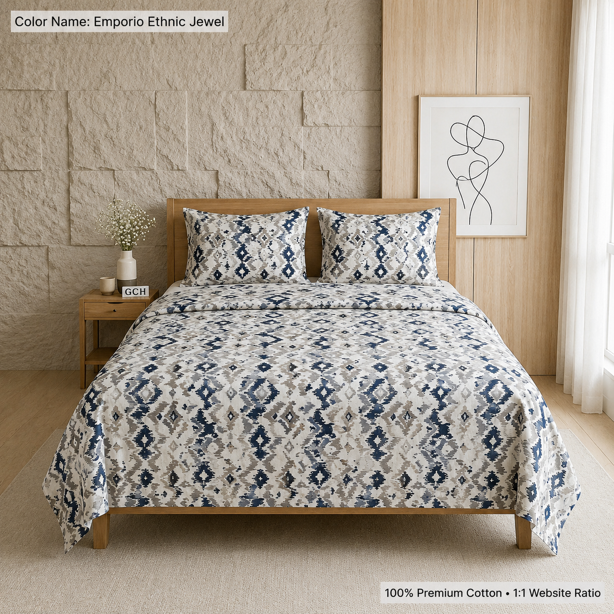 Emporio 250TC Satin Cotton King Size Bedsheet with 2 Pillow Covers – Ethnic Designer Bedding Set