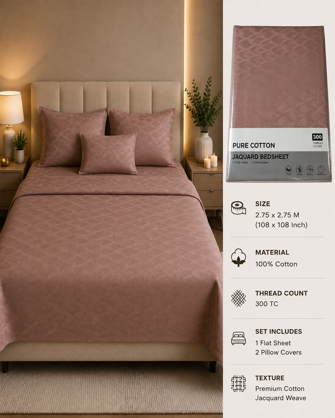Premium 300 TC Pure Cotton Self-Jacquard Weave Bedsheet Set