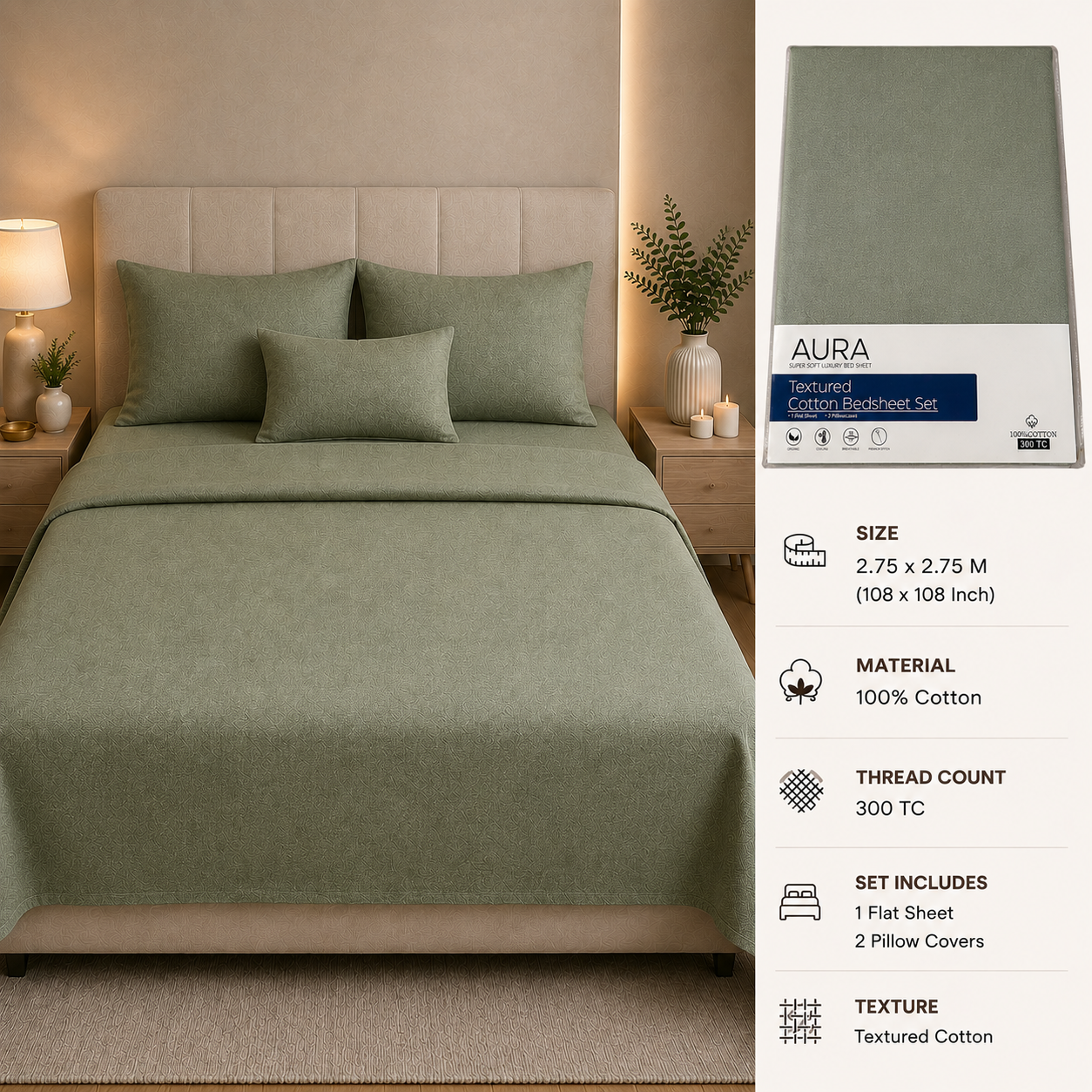 Aura Luxury 300 TC 100% Textured Cotton Plain Bedsheet Set