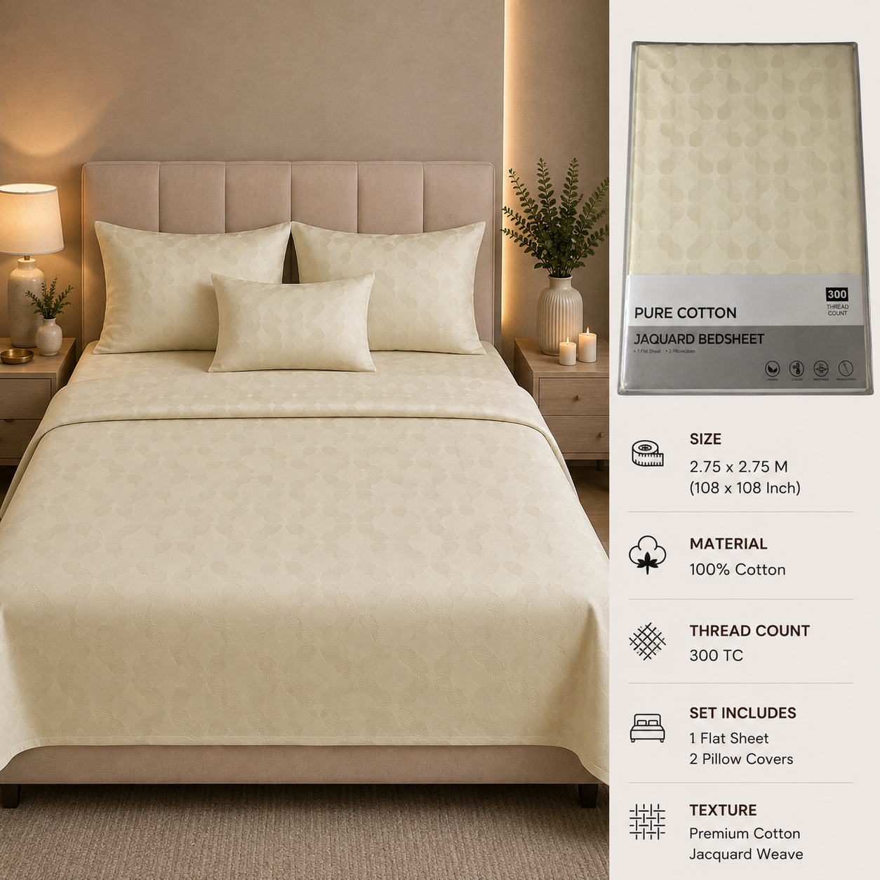 Premium 300 TC Pure Cotton Self-Jacquard Weave Bedsheet Set