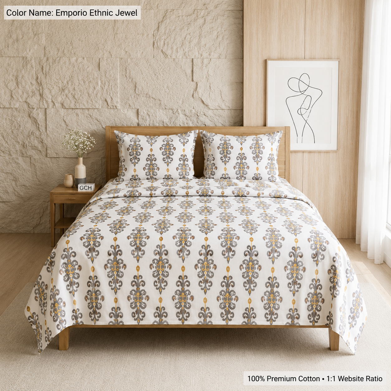 Emporio 250TC Satin Cotton King Size Bedsheet with 2 Pillow Covers – Ethnic Designer Bedding Set