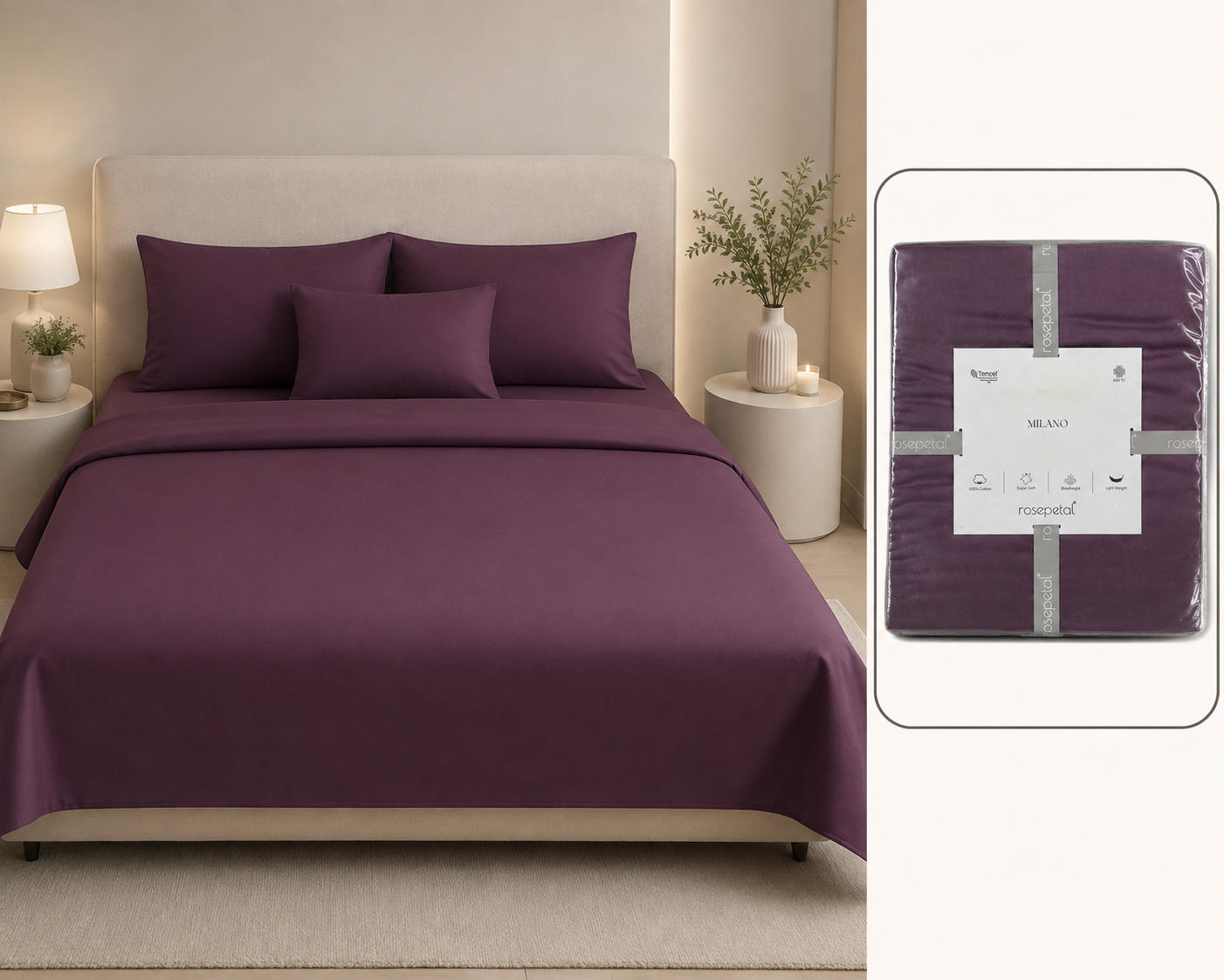 Ultra Premium 400 TC Tencel Pure Cotton Plain Solid Bedsheet Set