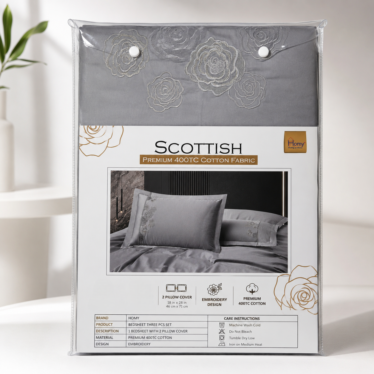 Homy Scottish Premium 400TC 100% Pure Cotton King Size Bedsheet Set – 3 Pcs Set with Floral Embroidery and Joint Free Fabric