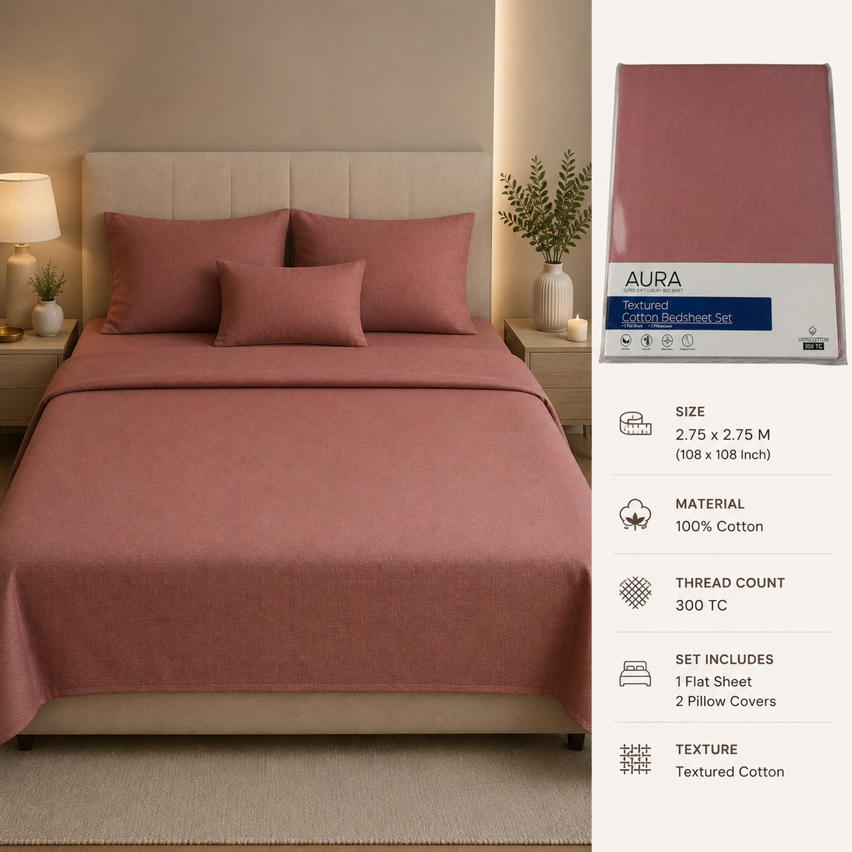 Aura Luxury 300 TC 100% Textured Cotton Plain Bedsheet Set