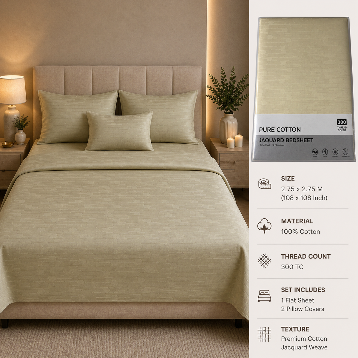 Premium 300 TC Pure Cotton Self-Jacquard Weave Bedsheet Set