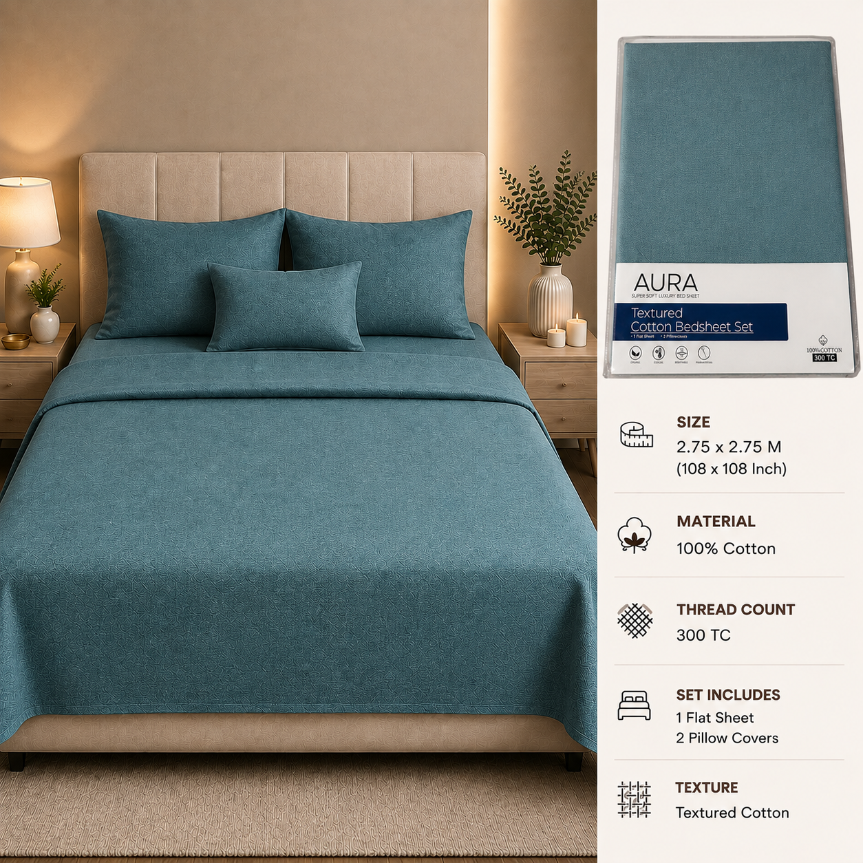Aura Luxury 300 TC 100% Textured Cotton Plain Bedsheet Set