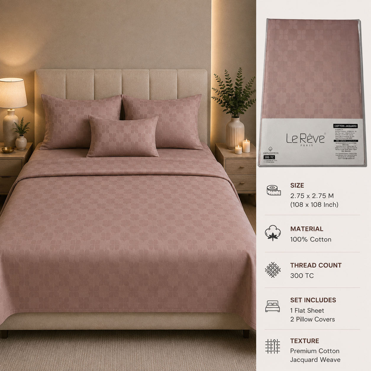 Premium 300 TC Pure Cotton Self-Jacquard Weave Bedsheet Set