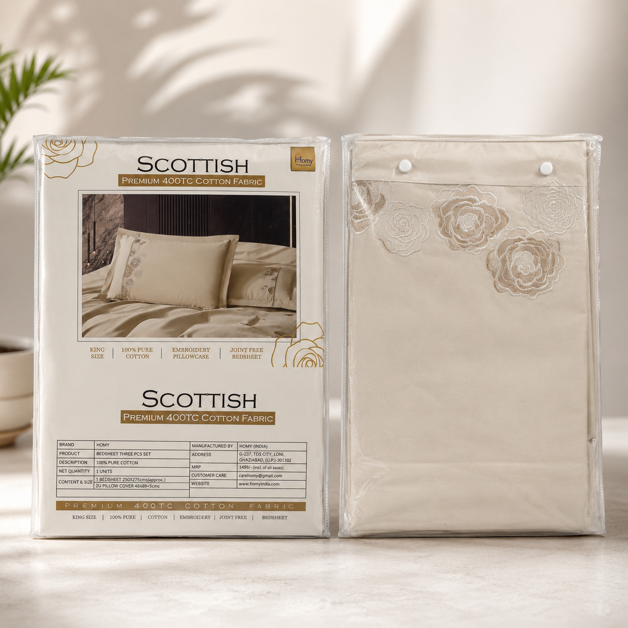 Homy Scottish Premium 400TC 100% Pure Cotton King Size Bedsheet Set – 3 Pcs Set with Floral Embroidery and Joint Free Fabric