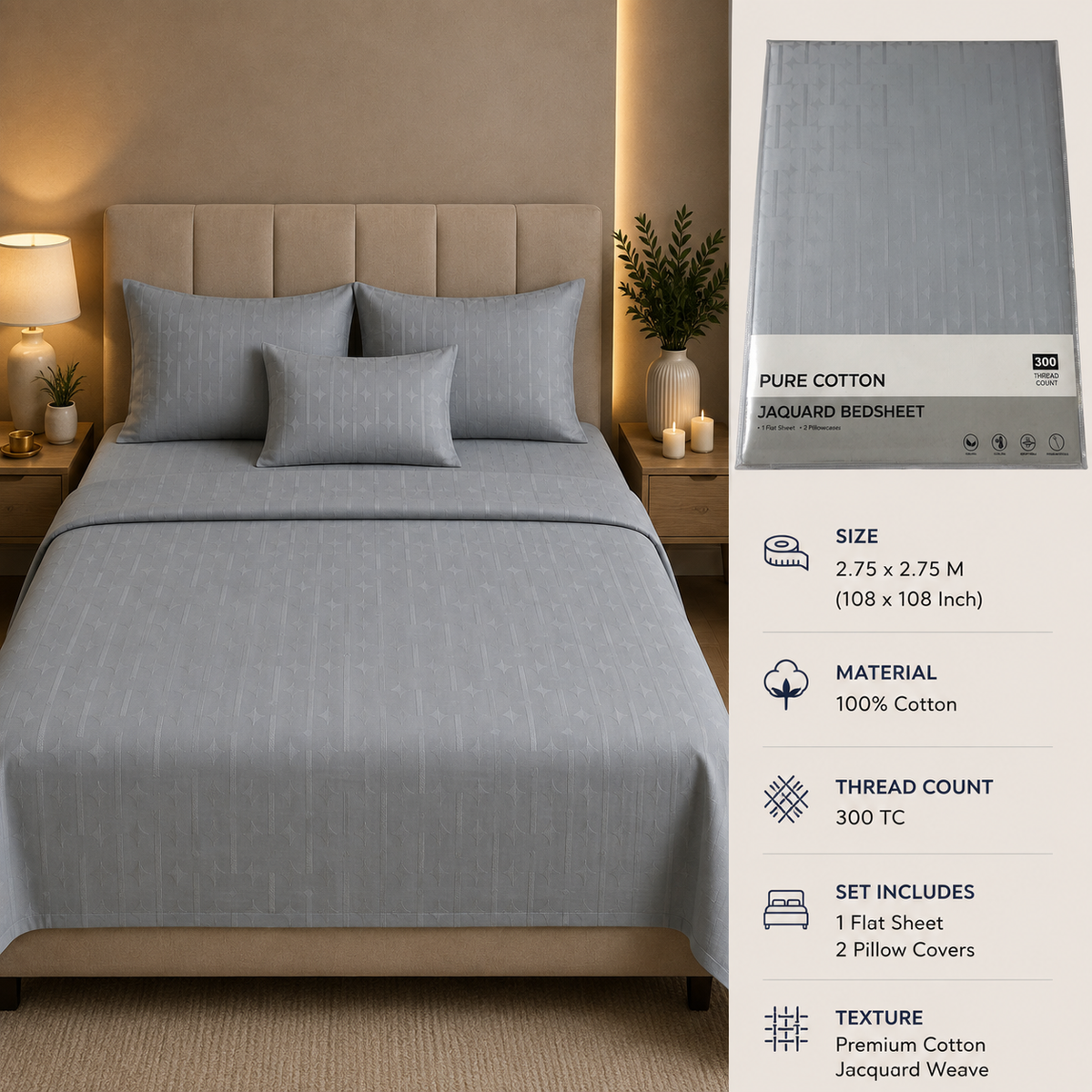 Premium 300 TC Pure Cotton Self-Jacquard Weave Bedsheet Set