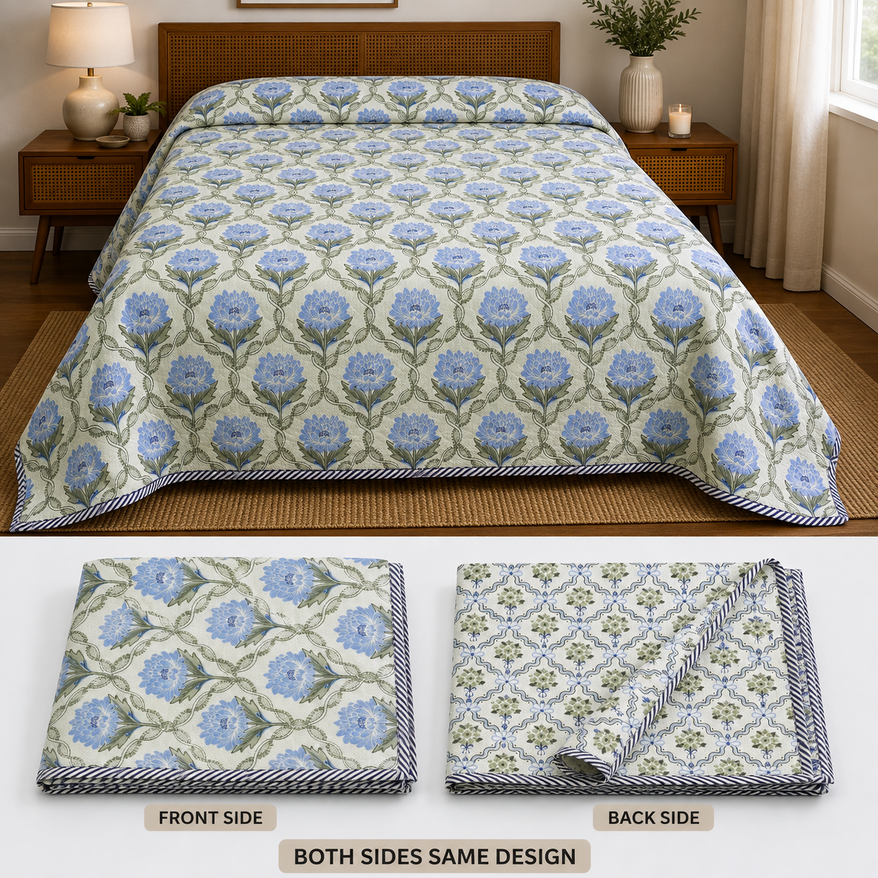 100% Pure Cotton Printed Double Bed AC Dohar | Reversible King Size Lightweight Blanket