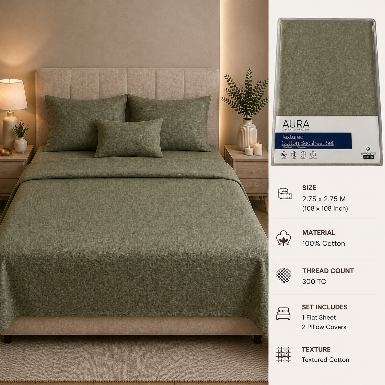 Aura Luxury 300 TC 100% Textured Cotton Plain Bedsheet Set