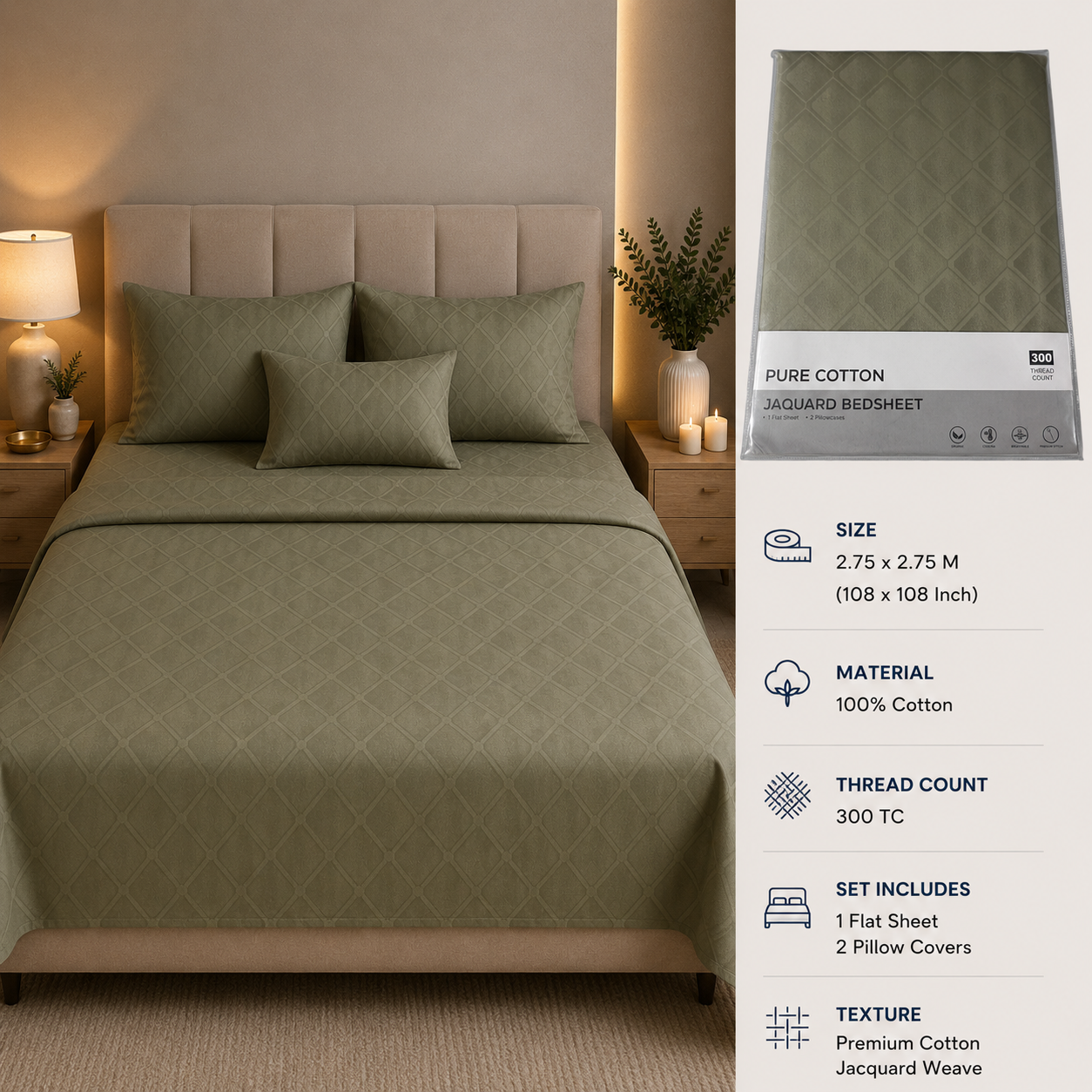 Premium 300 TC Pure Cotton Self-Jacquard Weave Bedsheet Set