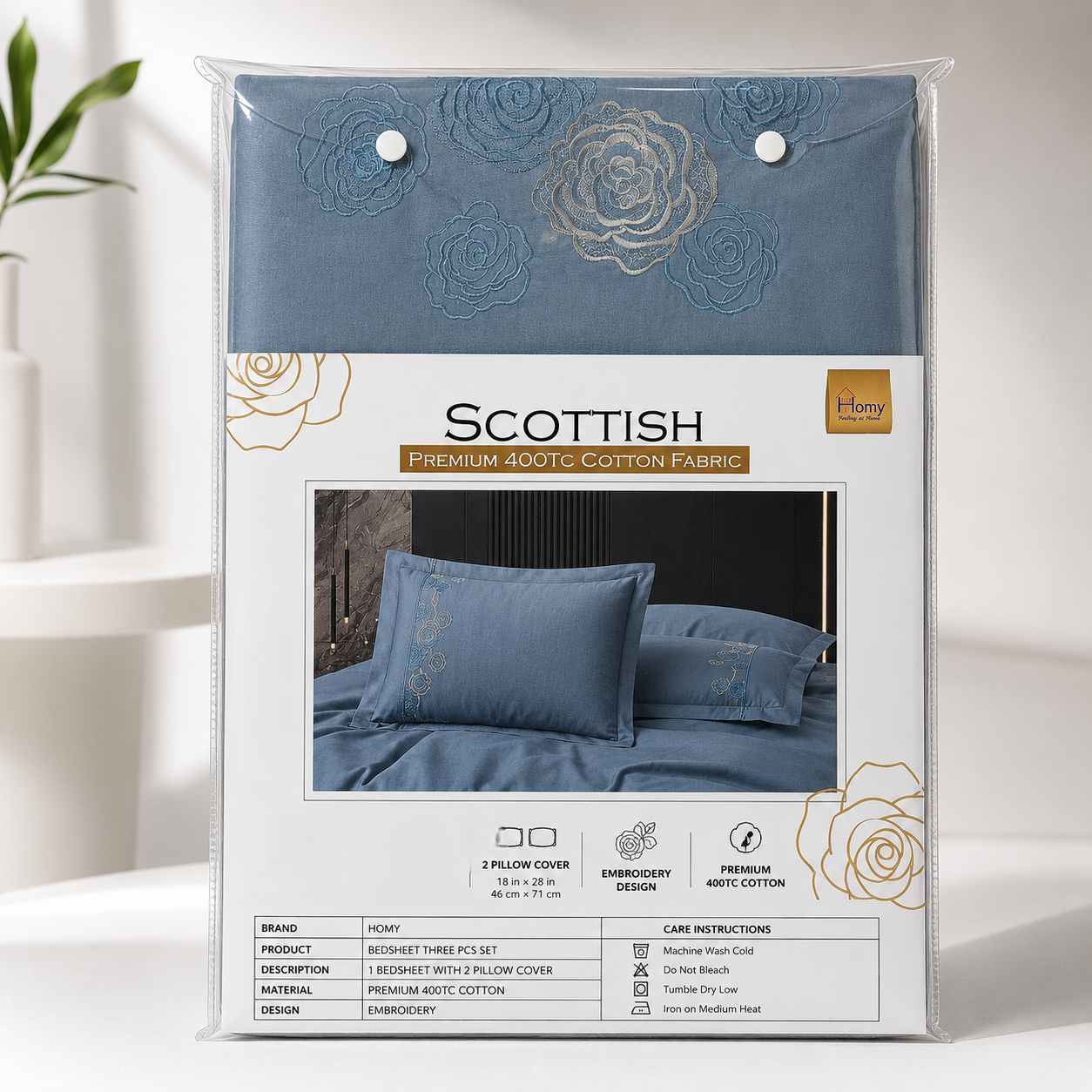 Homy Scottish Premium 400TC 100% Pure Cotton King Size Bedsheet Set – 3 Pcs Set with Floral Embroidery and Joint Free Fabric