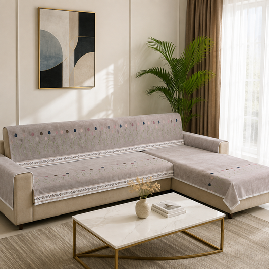 The Tulip Embroidered Sofa Cover with Floral Border 27 Inch (Beige)