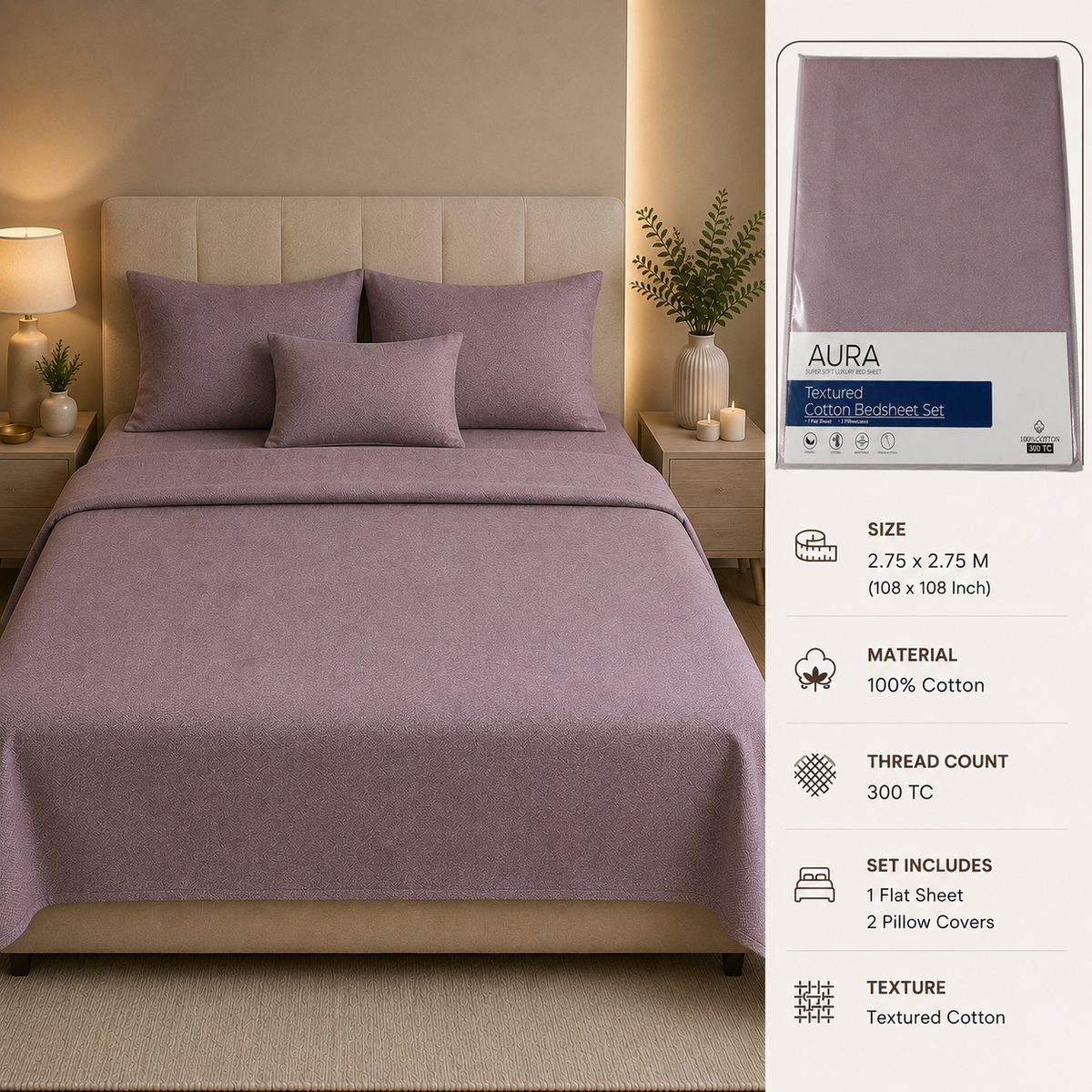 Aura Luxury 300 TC 100% Textured Cotton Plain Bedsheet Set