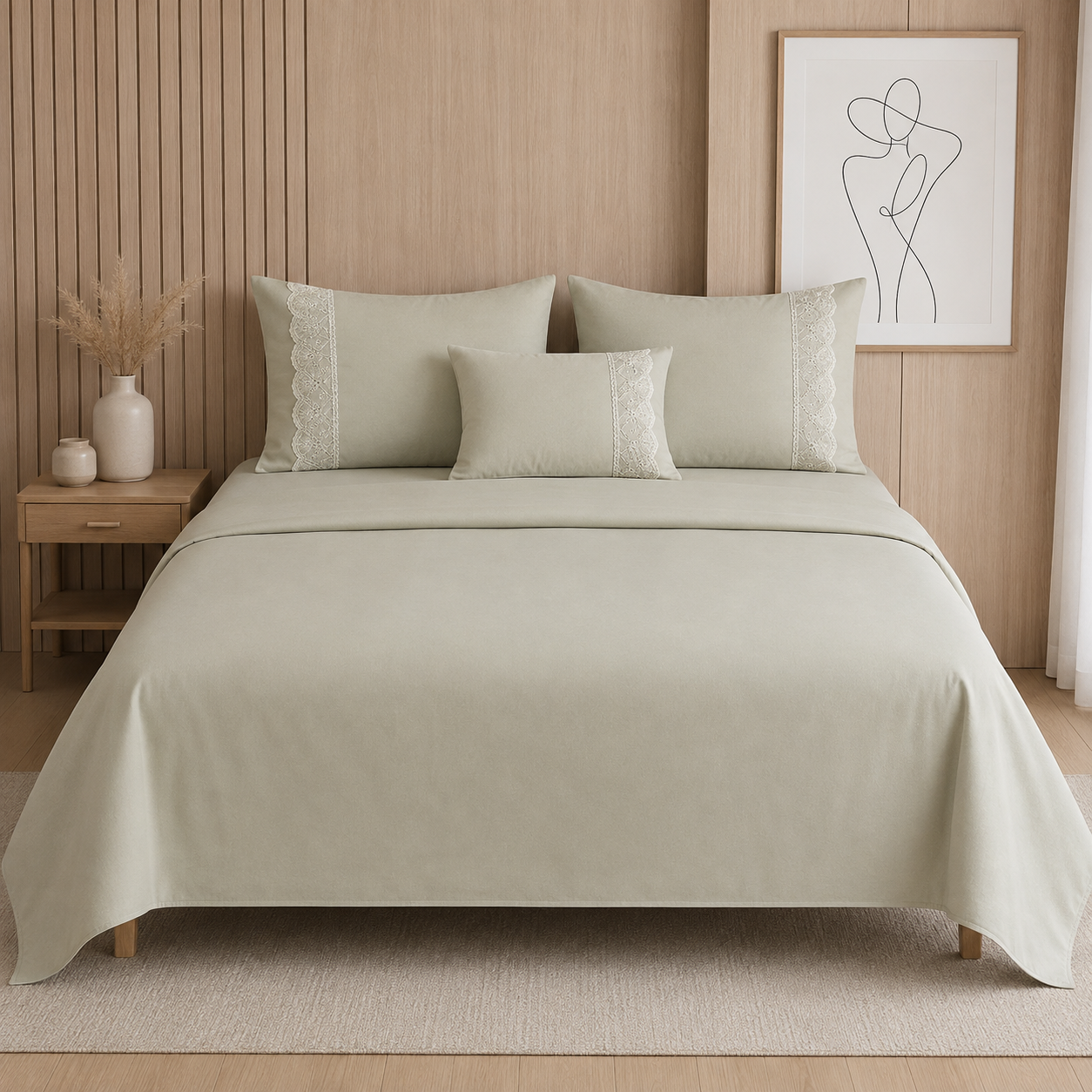 Crimson Gracious Home Lace-n-Style 3 Pcs King Size Bedsheet  – Solid Plain Fabric with Intricate Lace Embroidery