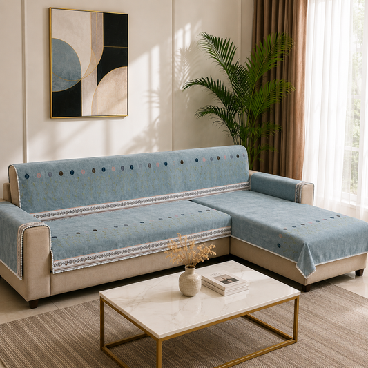 The Tulip Embroidered Sofa Cover with Floral Border 27 Inch (Sky Blue)