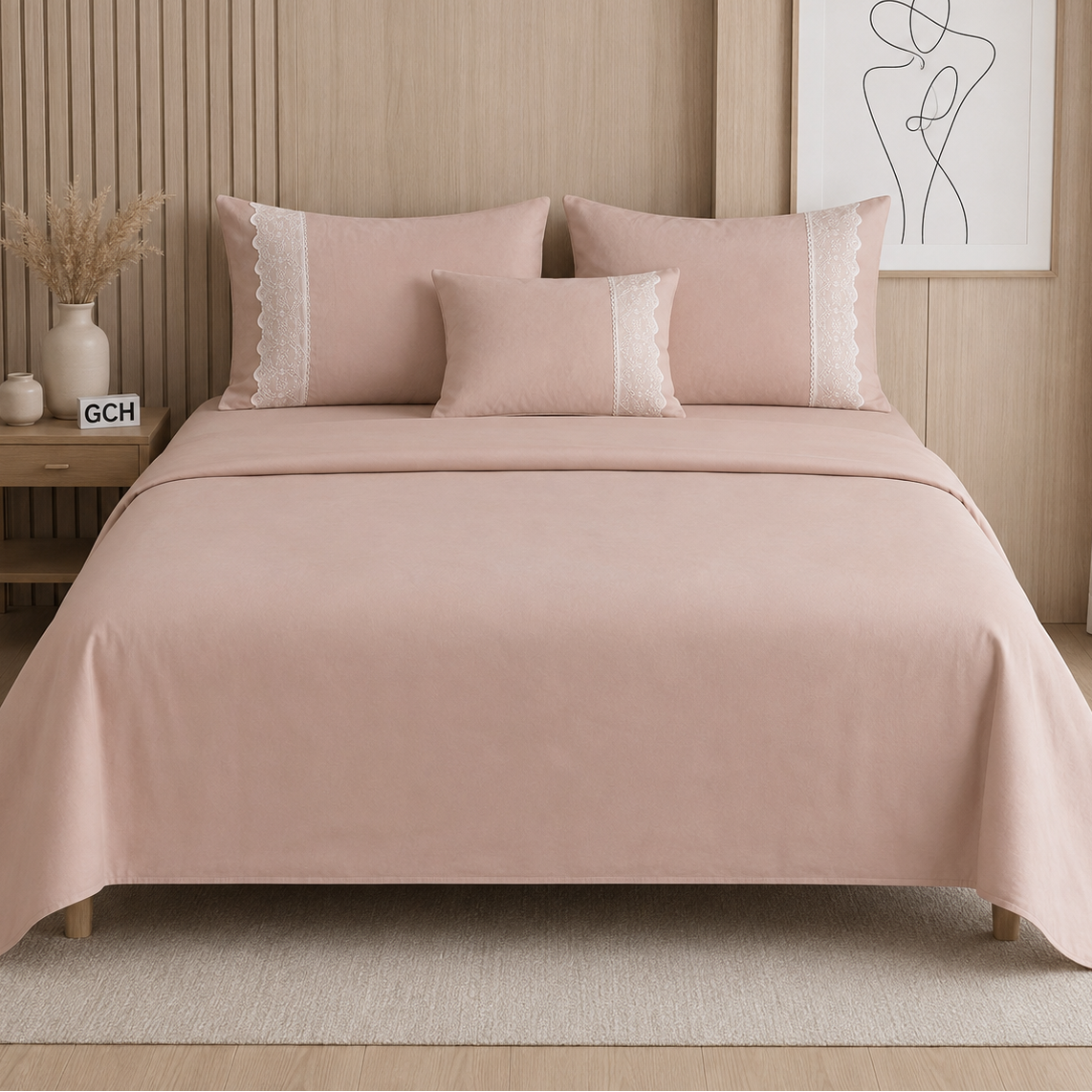 Crimson Gracious Home Lace-n-Style 3 Pcs King Size Bedsheet  – Solid Plain Fabric with Intricate Lace Embroidery