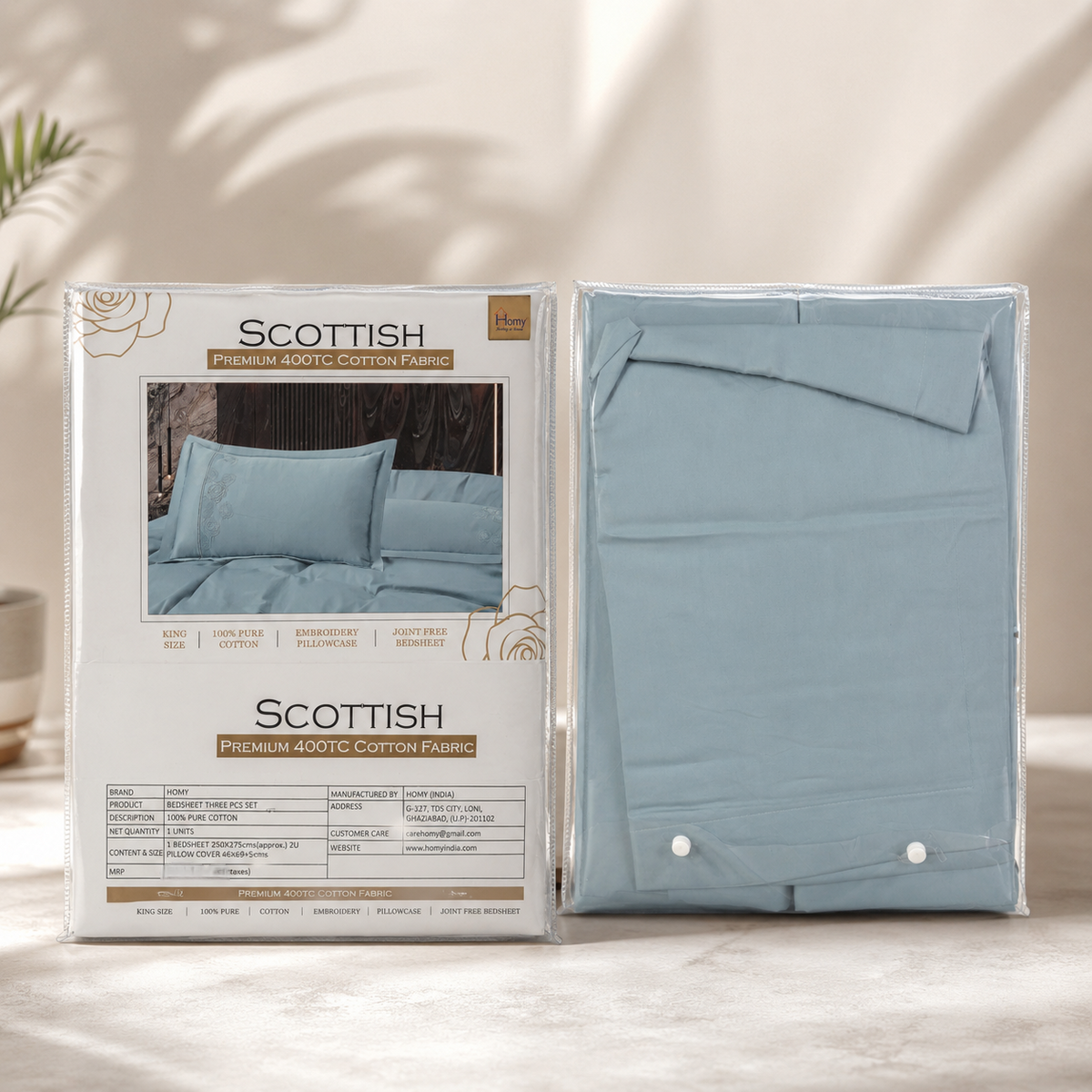 Homy Scottish Premium 400TC 100% Pure Cotton King Size Bedsheet Set – 3 Pcs Set with Floral Embroidery and Joint Free Fabric
