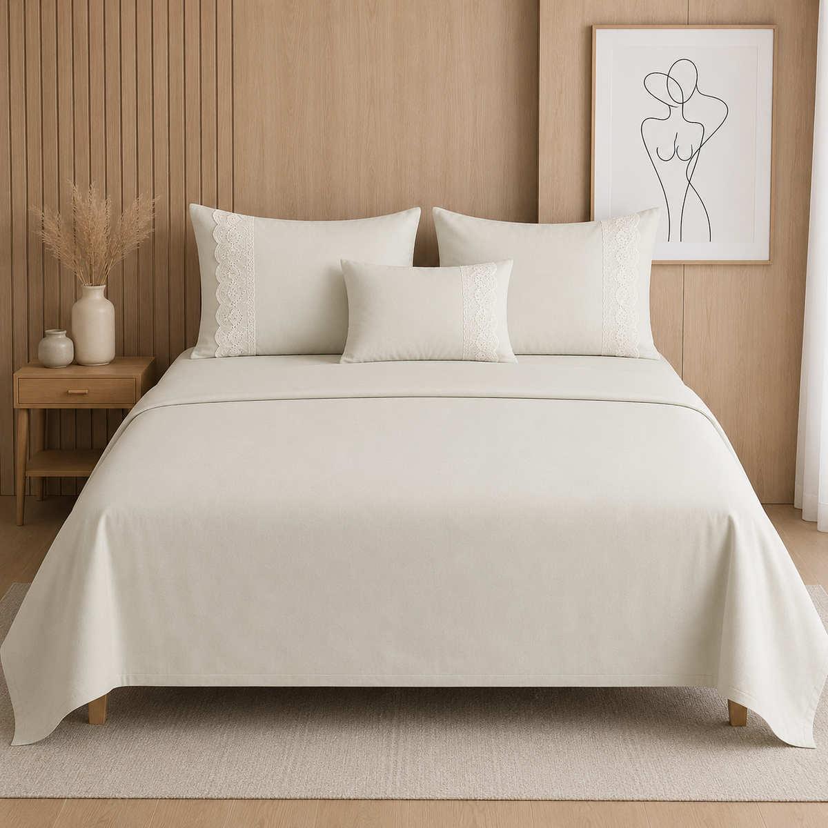 Crimson Gracious Home Lace-n-Style 3 Pcs King Size Bedsheet  – Solid Plain Fabric with Intricate Lace Embroidery