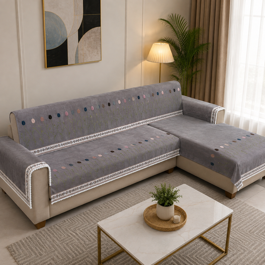 The Tulip Embroidered Sofa Cover with Floral Border 27 Inch (Grey)