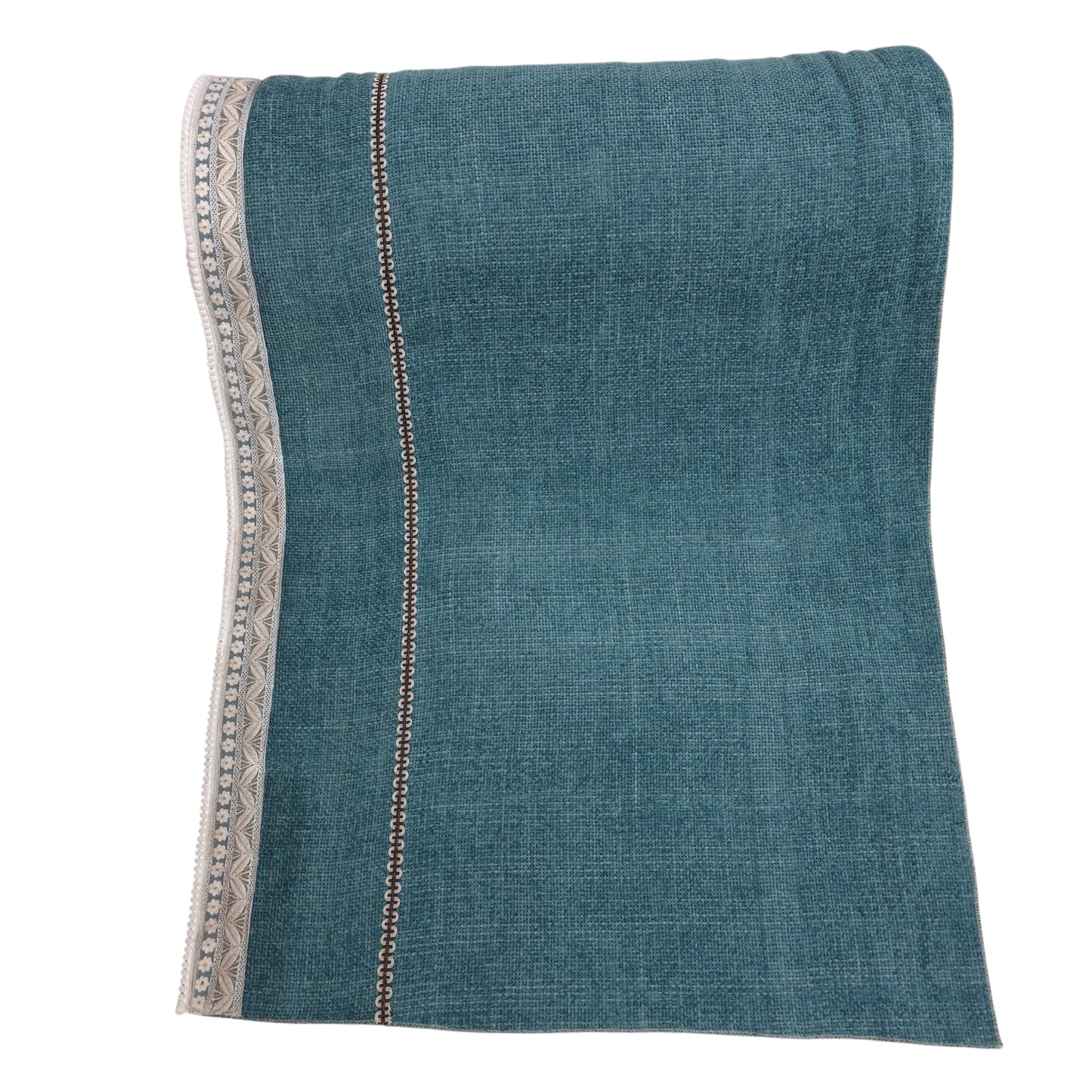 36 Inch Linen-Textured Teal Blue Sofa Cover with Embroidered Lace Border