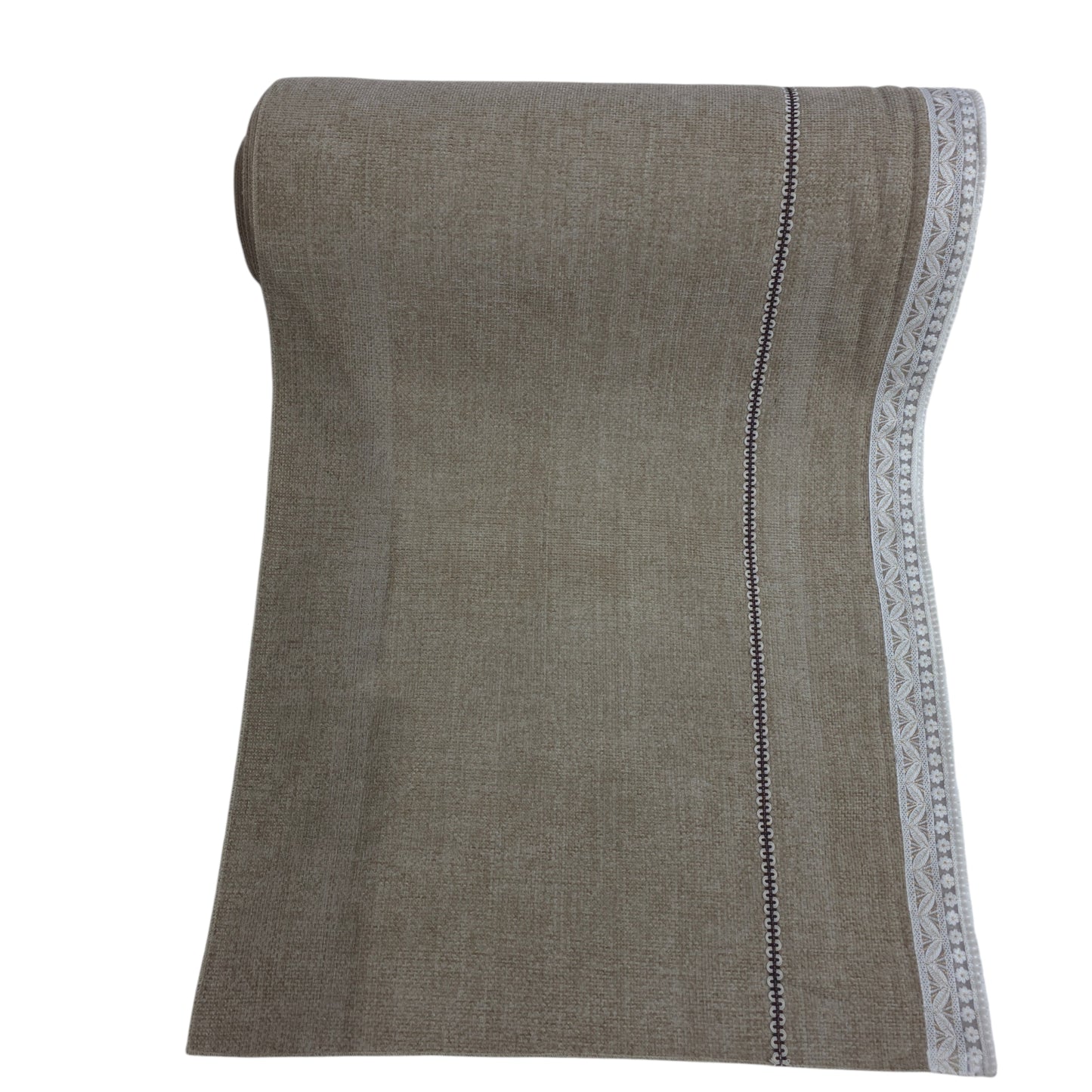 36 Inch Linen-Textured Beige Sofa Cover with Embroidered Lace Border