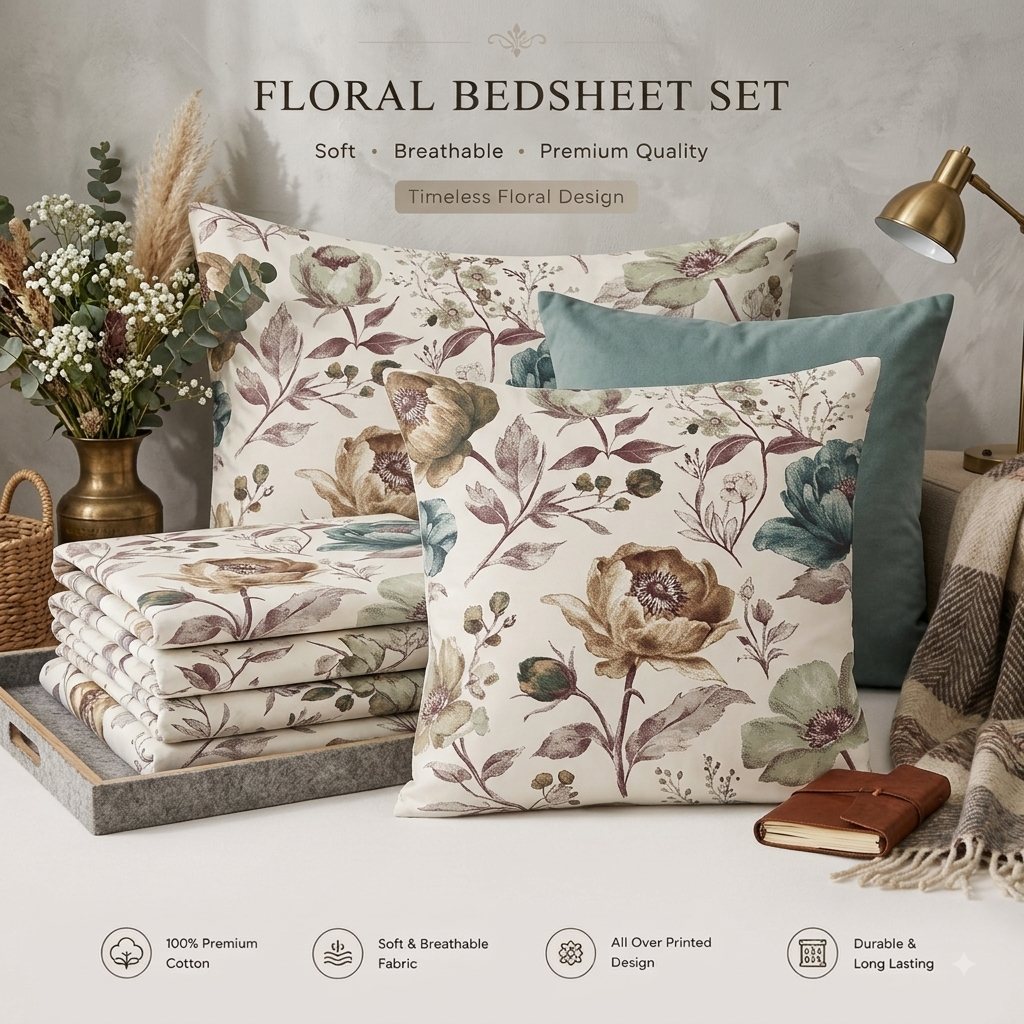 Botanical Floral Pure Cotton King Bedsheet (120x120 in)
