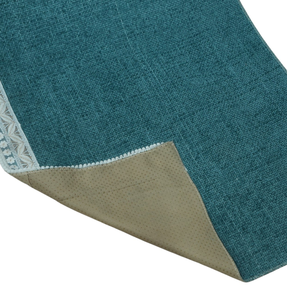 Elegant Teal Blue Textured Sofa Cover with Floral Lace Border (Teal Blue) 27 inch