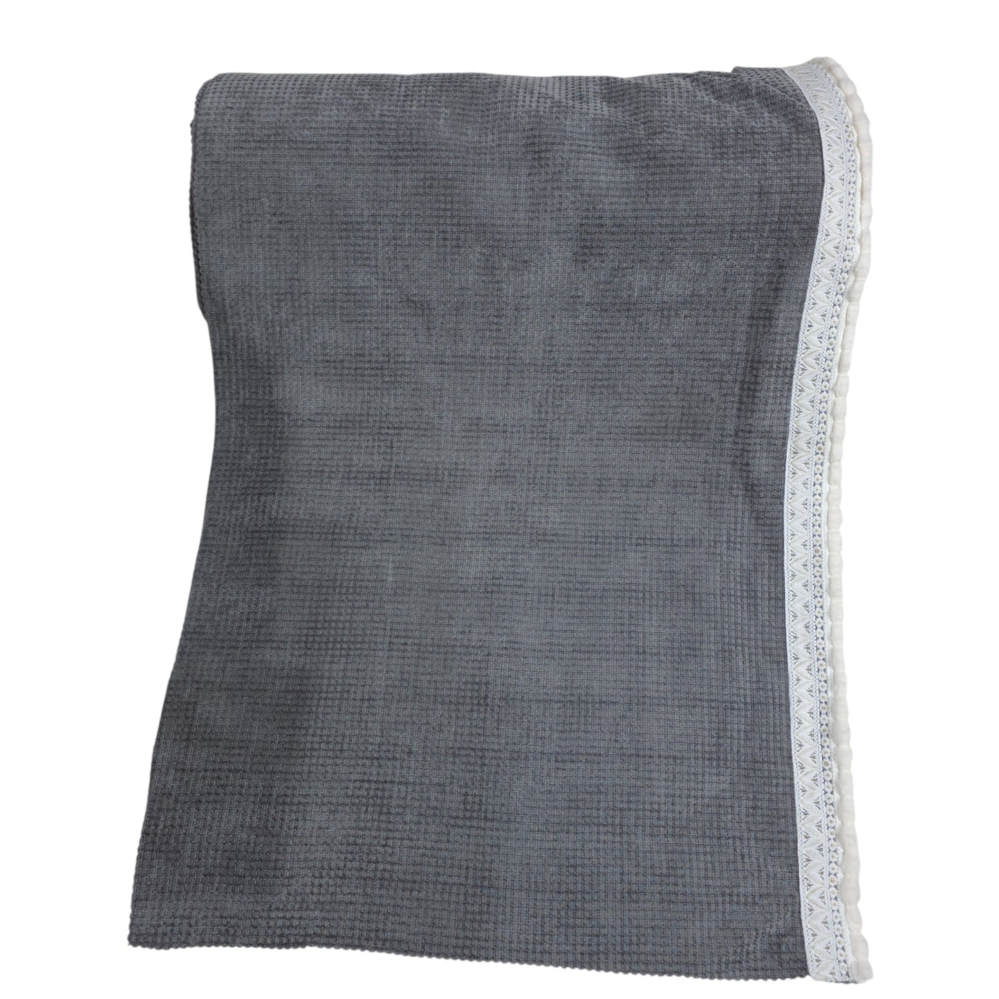 36 Inch Waffle Textured Grey Sofa Cover with Embroidered Lace Border (Grey)
