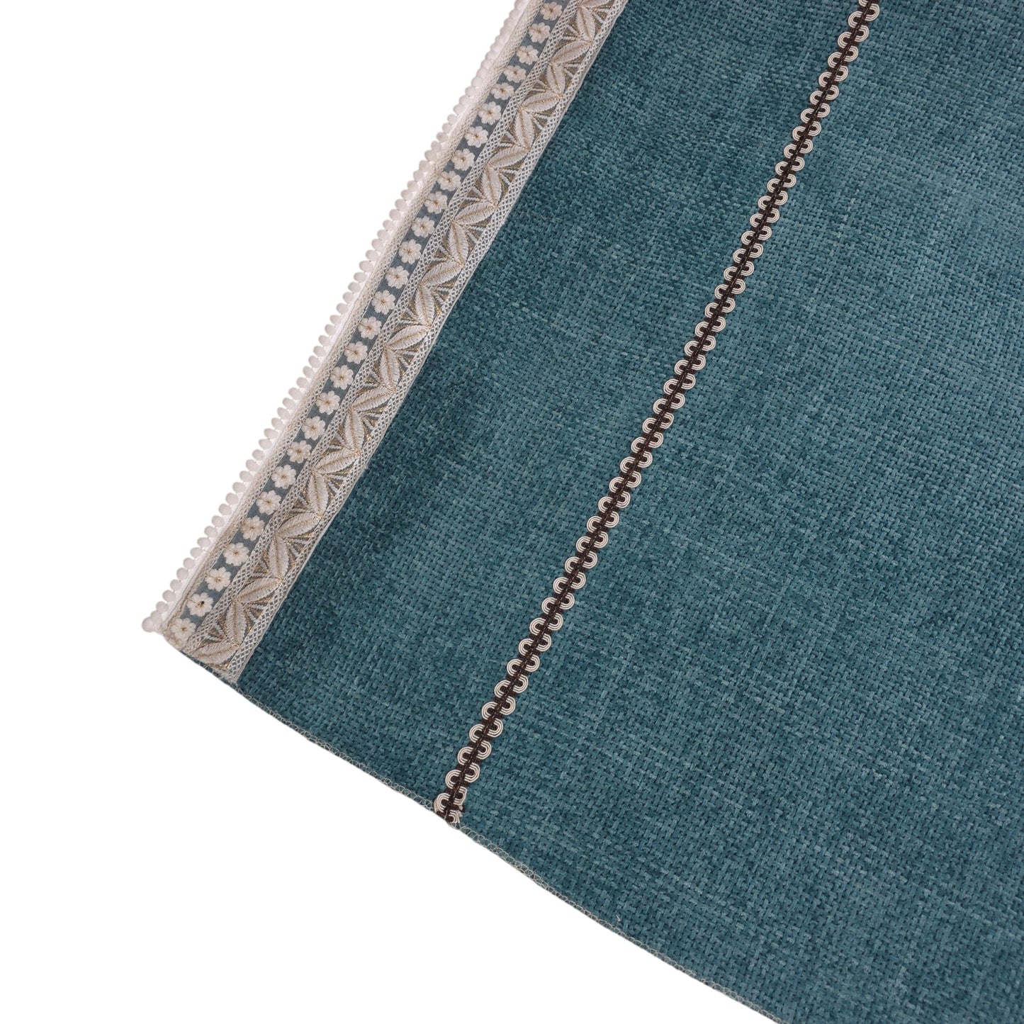 36 Inch Linen-Textured Teal Blue Sofa Cover with Embroidered Lace Border
