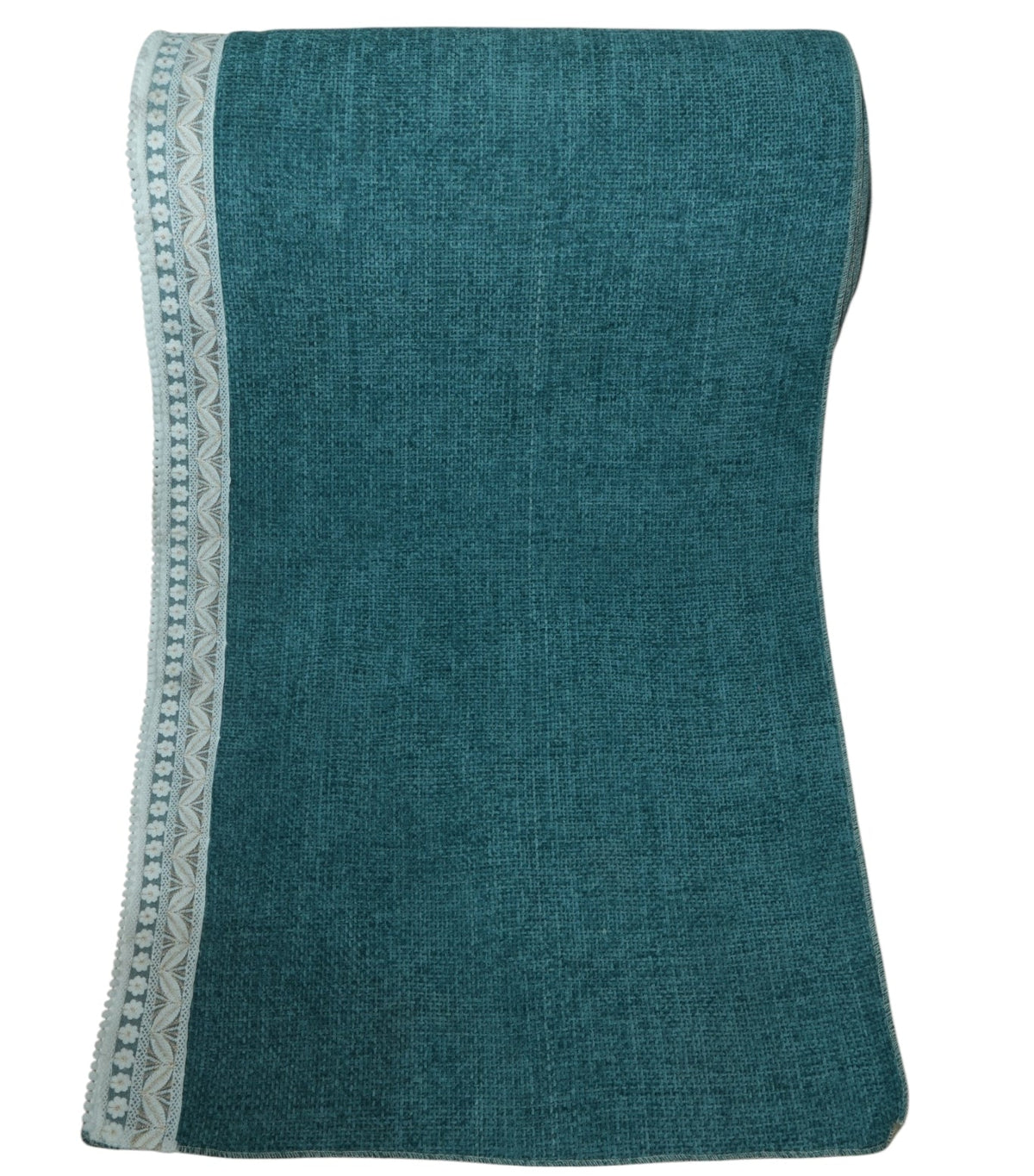 Elegant Teal Blue Textured Sofa Cover with Floral Lace Border (Teal Blue) 27 inch