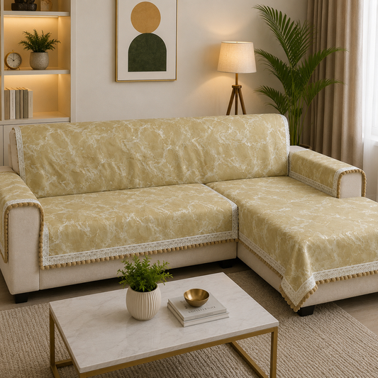 Premium Beige Marble-Textured Sofa Cover with Pom-Pom Tassel Lace (Beige) 27 inch